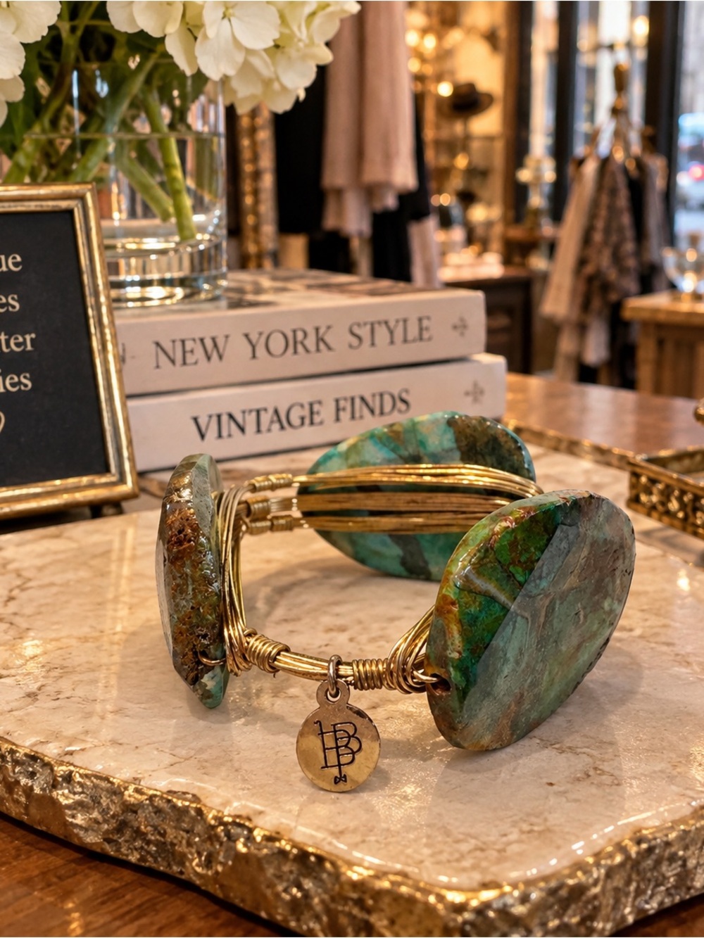 Bourbon and Bowties Gold Bracelet with Green Turquoise Stones